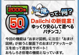 ちょい得って何？ Daiichiの新提案！ ゆっくり安心して遊べるパチンコ　今回の機能は「おまけ図柄」に注目！「おまけ図柄」が揃うと盤面下のおまけアタッカーが玉を拾って遊技をサポート！おもしろさ倍増の機能となっています。
