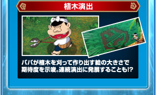 植木演出　パパが植木を刈ってつくりだす絵の大きさで期待度を示唆。連続演出に発展することも！？
