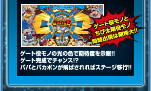 ゲート役モノの光の色で期待度を示唆！！ゲート完成でチャンス！？パパとバカボンが飛ばされればステージ移行！！
