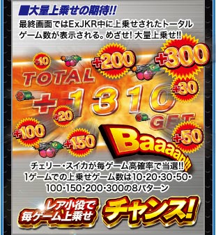 ■大量上乗せの期待！！　最終画面ではExJKR中に上乗せされたトータルゲーム数が表示される。めざせ! 大量上乗せ!!チェリー・スイカが毎ゲーム高確率で当選!!1ゲームでの上乗せゲーム数は10･20･30･50･100･150･200･300の8パターン