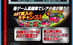 毎ゲーム高確率でレア小役が揃う！！中段チェリーはART確定！？第三停止時にロングフリーズが発生したら・・・