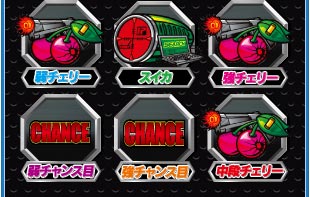 弱チェリー、スイカ、強チェリー、弱チャンス目、強チャンス目、中段チェリー