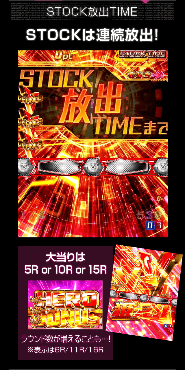 STOCK放出TIME STOCKは連続放出！ 大当りは5R or 10R or 15Rラウンド数が増えることも…！※表示は6R/11R/16R