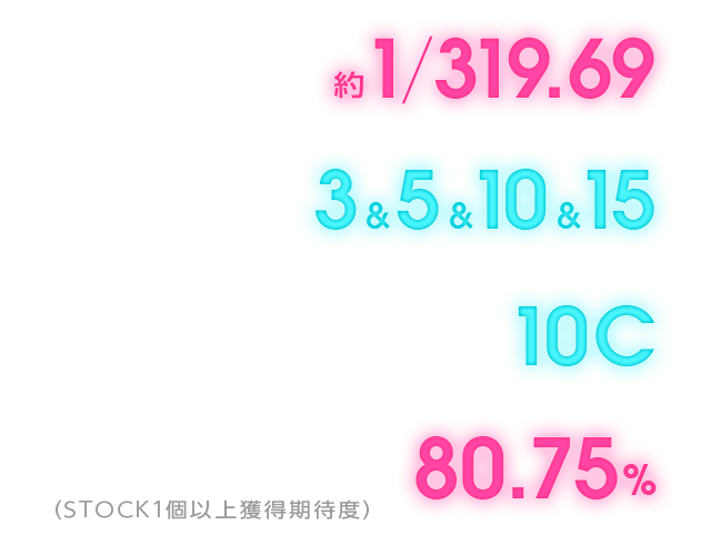 大当り確率 約1/319.69 賞球3&5&10&15 カウント10C STOCK SYSTEM継続率（STOCK1個以上獲得期待度） 80.75%